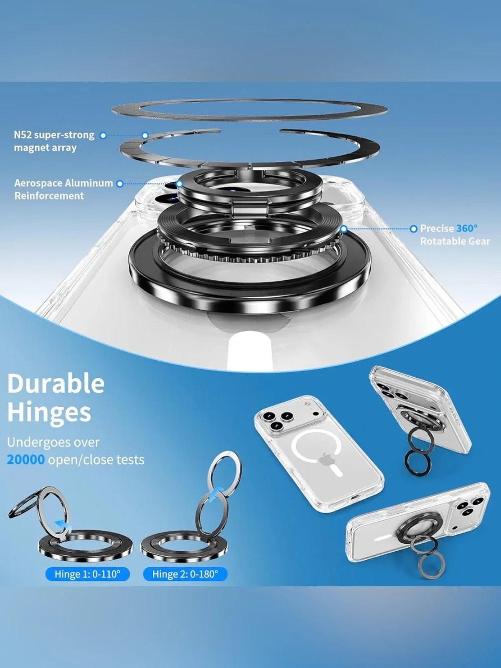 for iPhone 18/17 Pro Case Clear with 360 Spin Magnetic Black Stand